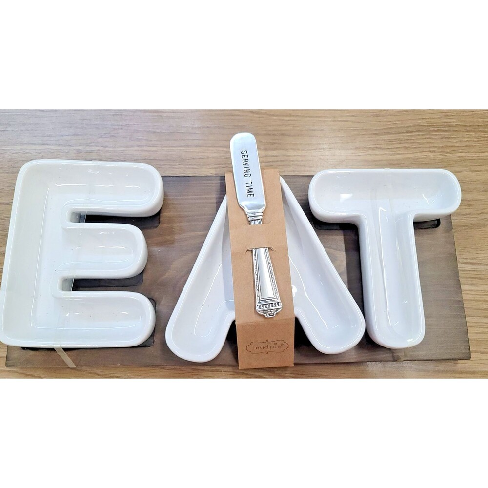 New with Tags Mud Pie Eat Tidbit Wood Set, board 6" x 14 1/4", BROWN Serving
